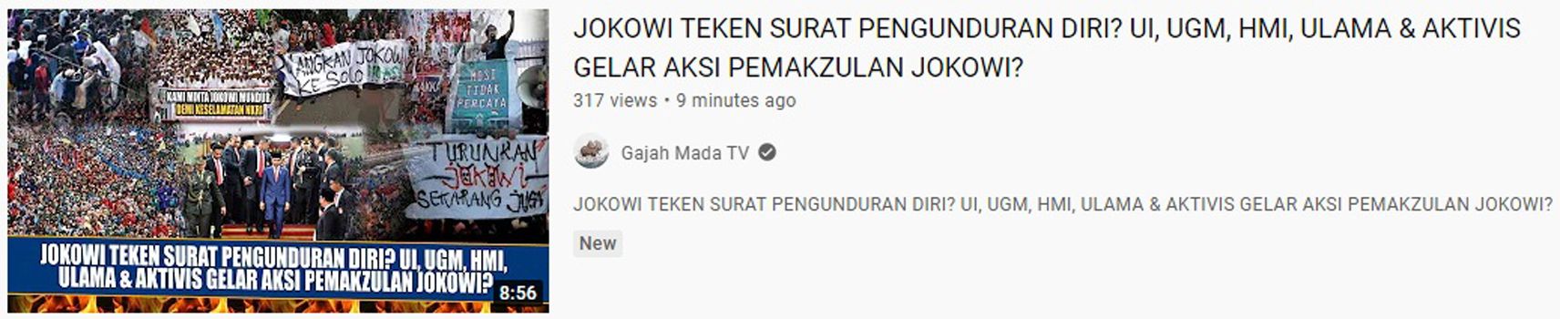 kabar yang menyebut Presiden Jokowi tanda tangani surat pengunduran diri dan UI, UGM, HMI, ulama hingga aktivis siap gelar aksi pemakzulan