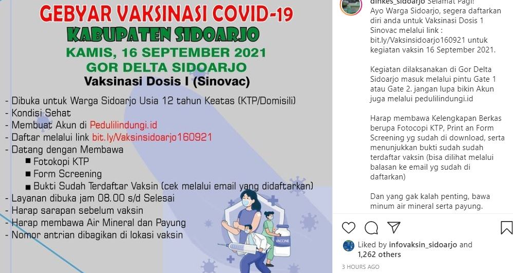 Informasi vaksin massal di GOR Sidoarjo Kamis 16 September 2021