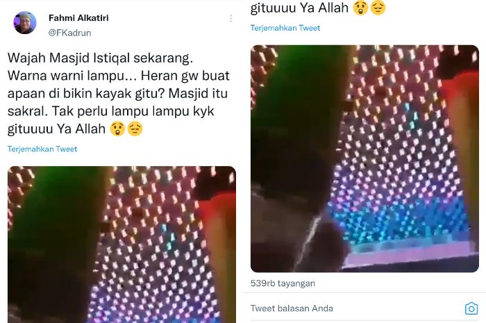 Cuitan salah satu pengguna Twitter yang menuturkan bahwa Masjid Istiqlal dipasang lampu warna-warni.