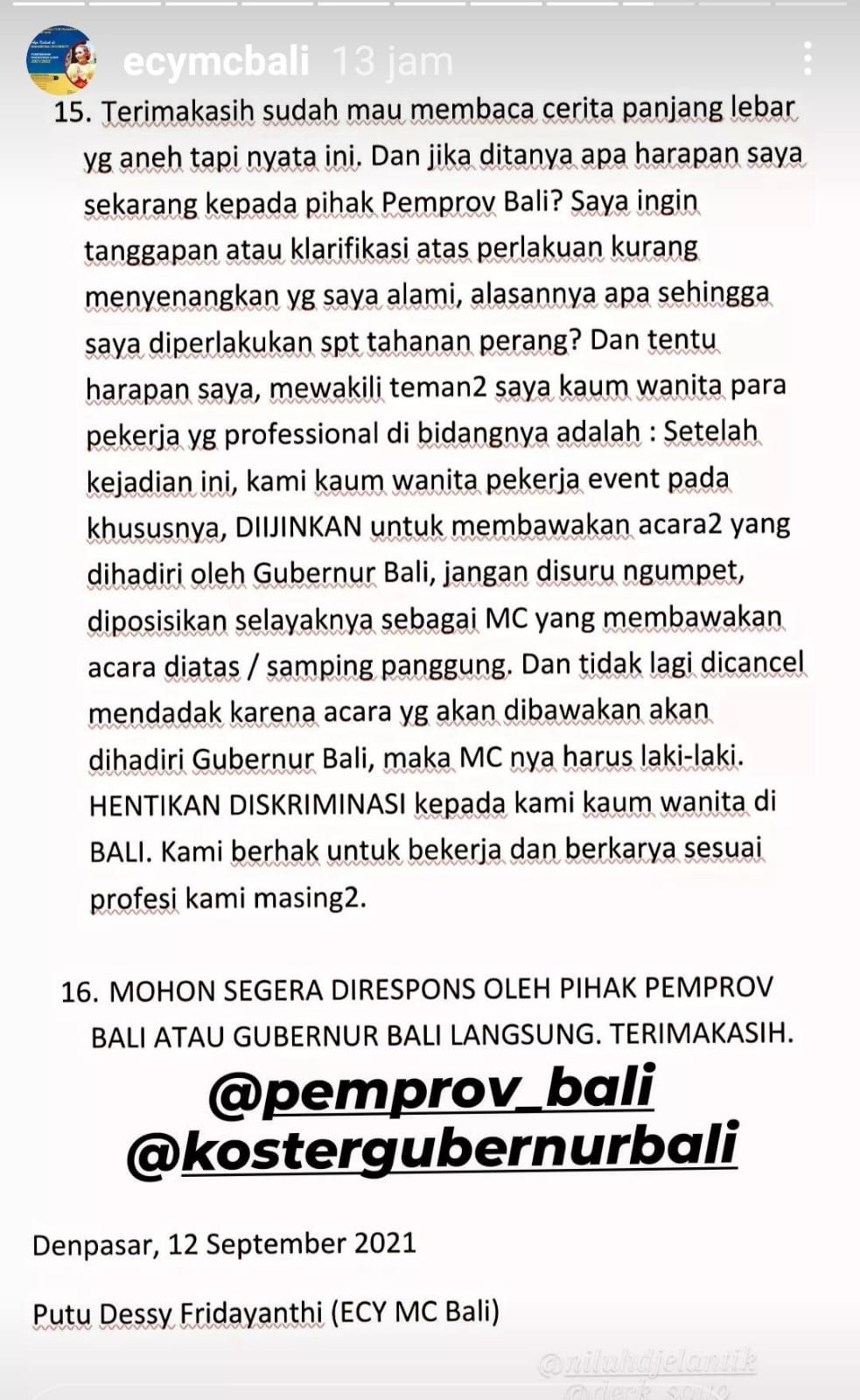 Ecy menantikan klarifikasi pemrov terkait viral MC Wanita dilarang tampil di acara Gubernur Bali
