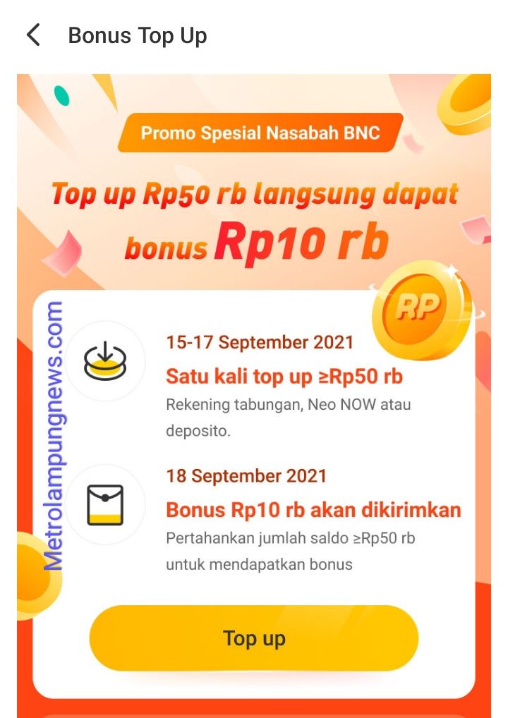 cara dapat uang di Neo+ Plus bonus top up isi saldo promo bank BNC Commerce Rp10 ribu langsung masuk rekening