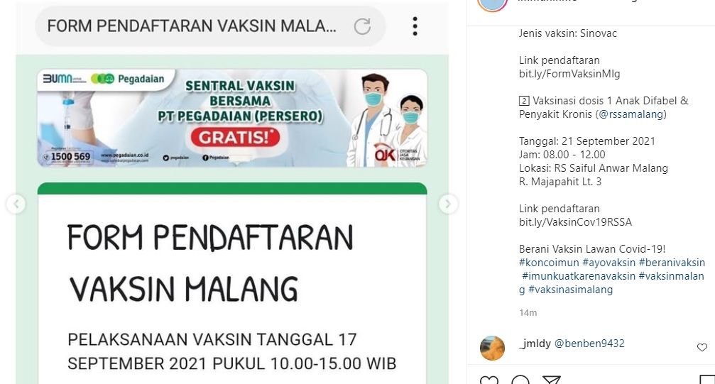 Informasi vaksinasi di Pegadaian Malang