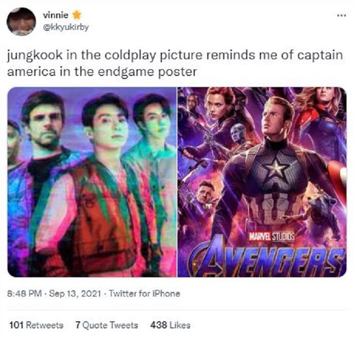 Pose Jungkook dalam teaser BTS x Coldplay dianggap mirip pose Captain America dalam Avengers: Endgame.