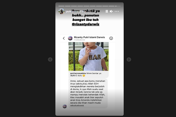 Tangkapan layar unggahan Instagram Story Putri Anne.