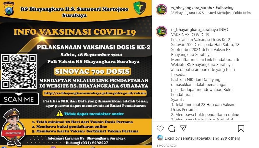 Informasi vaksinasi di RS Bhayangkar Surabaya 18 September 2021