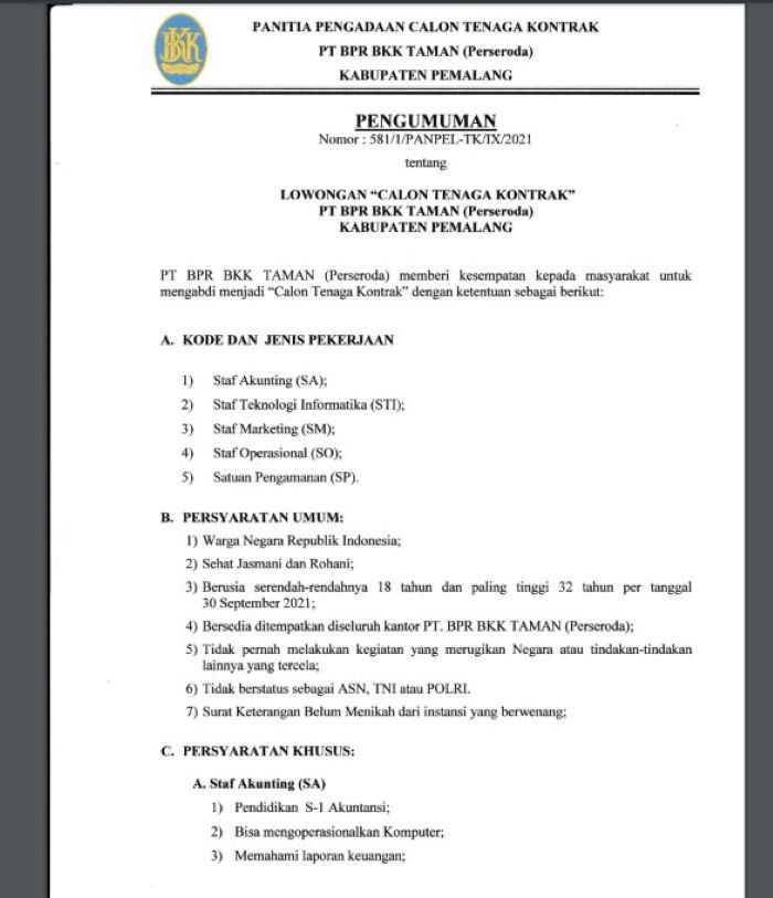 INFO LOKER! PT BPR BKK TAMAN (Perseroda) Kabupaten Pemalang Buka Lowongan Kerja 5 Posisi Ini, Buruan Daftar!