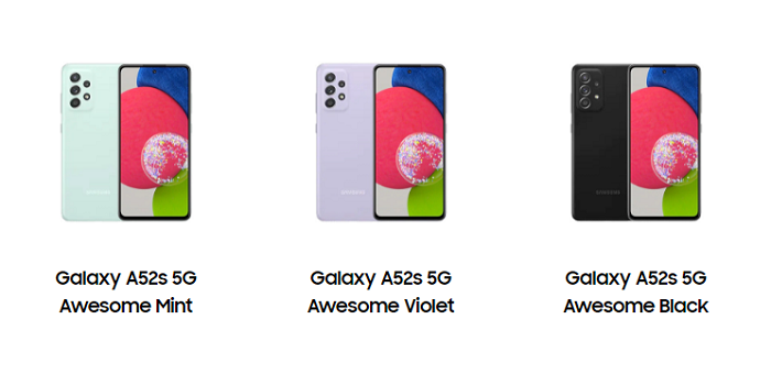 Pilihan warna Samsung Galaxy A52s yang tersedia di Indonesia.
