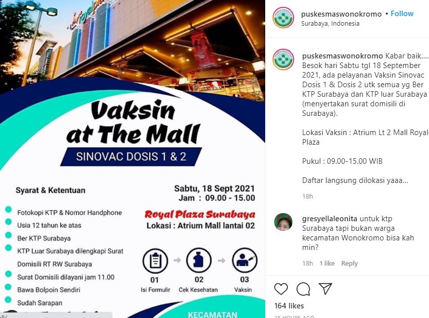 Vaksin gratis di Mall Royal Surabaya Hari Sabtu 18 September 2021, kuota 1.500, daftar di lokasi