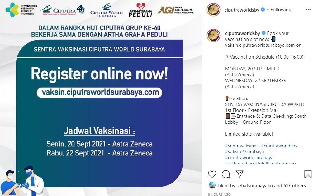 Informasi vaksinasi di mall Ciputra World Surabaya