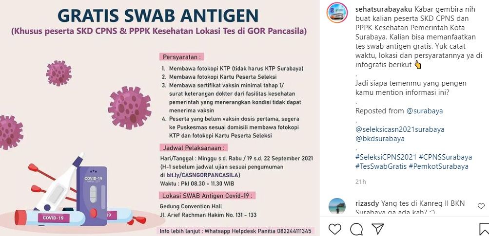 Informasi swab antigen gratis di Surabaya bagi peserta CPNS dan PPPK