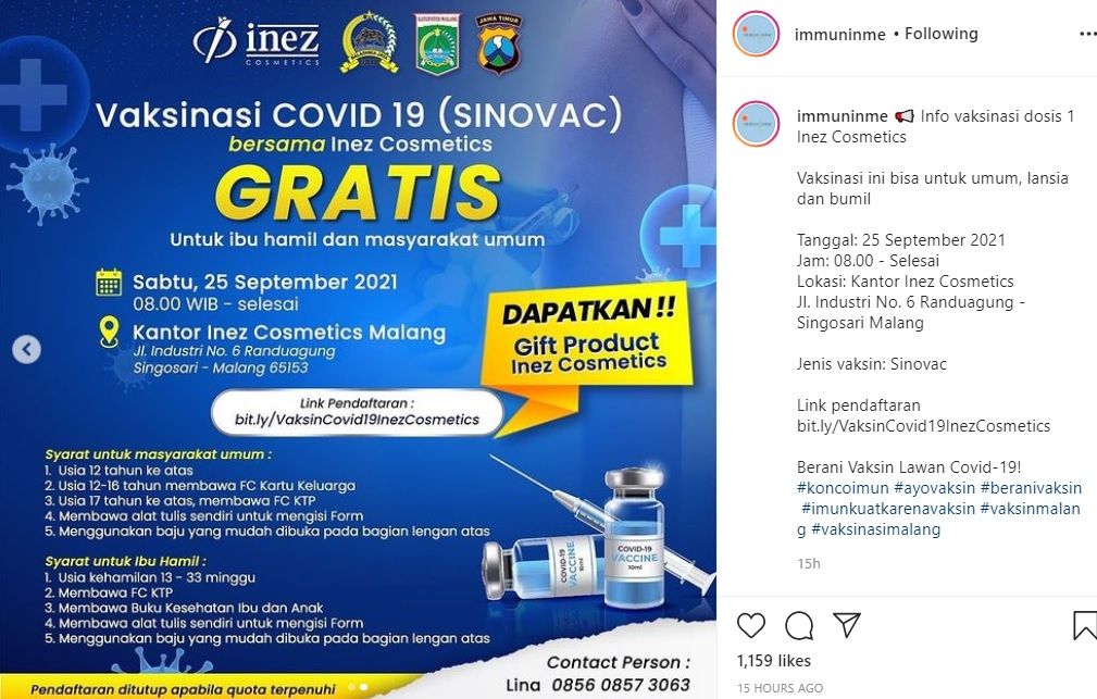 Informasi vaksin di Inez Cosmetics Malang