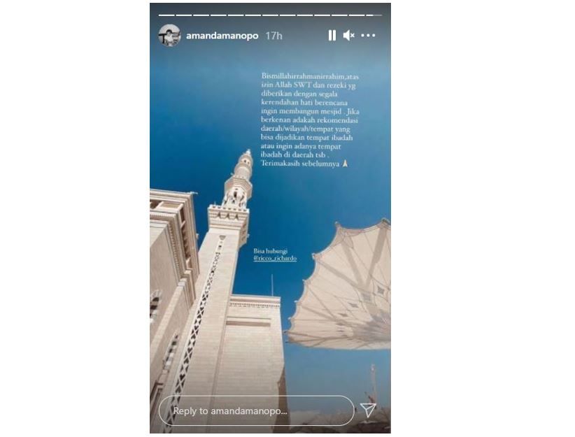 Instagram story Amanda Manopo soal membangun masjid.