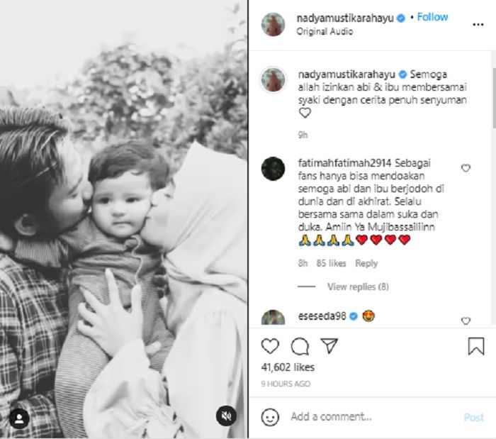Nadya Mustika Rahayu menuliskan harapannya dalam unggaha kolase foto dirinya dan sang suami, Rizki DA tengah mencium sang anak, Syaki.*