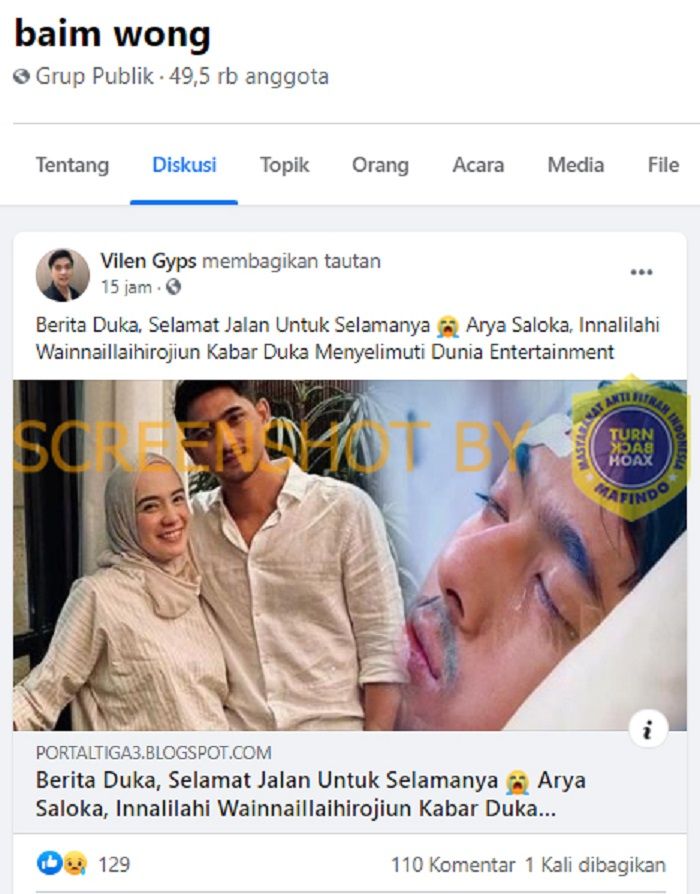 HOAKS - Beredar sebuah unggahan di media sosial Facebook yang menyebut jika Arya Saloka meninggal dunia.*