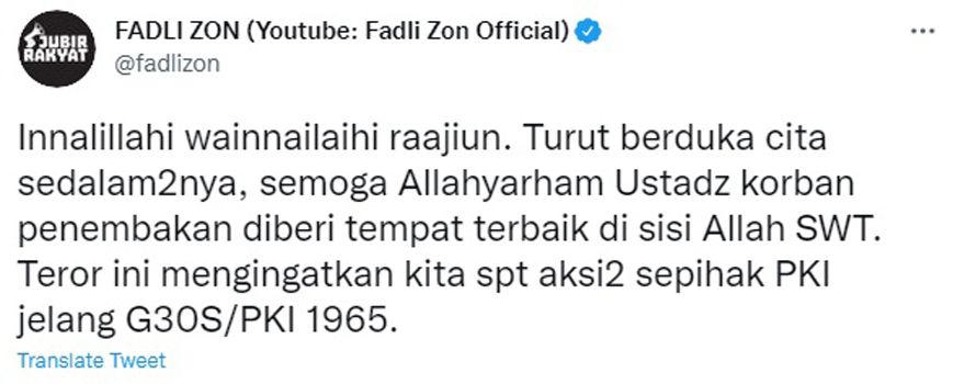 Fadli Zon Ucapkan Duka Cita atas Meninggalnya Ustadz Marwan