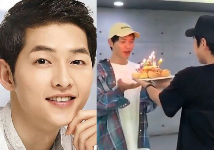 Momen saat kue tart ulang tahun Song Joong Ki jatuh sesaat sebelum lilin ditiup