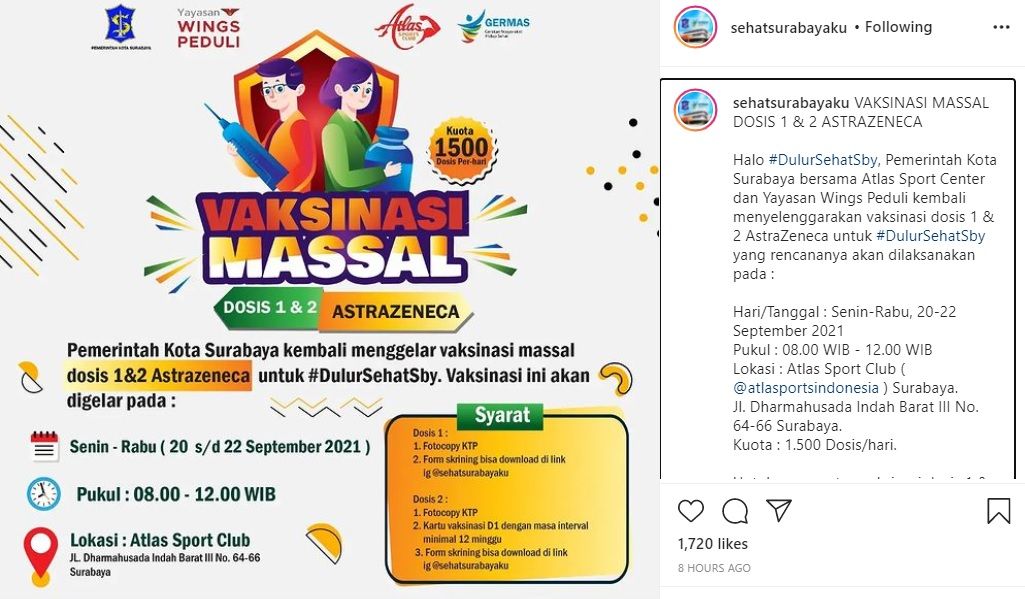 Informasi vaksin gratis di Atlas Sport Club Surabaya pada 20-22 September 2021