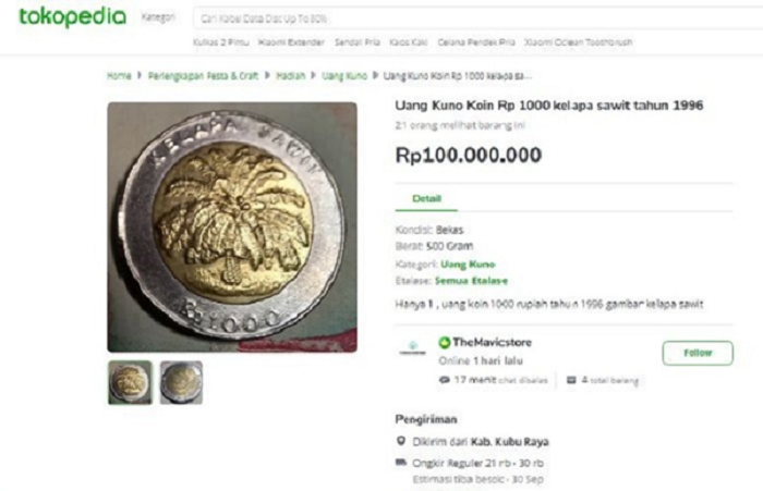 Uang koin Rp1.000 gambar pohon sawit dijual sampai Rp100 juta di marketplace,/ Tokopedia/