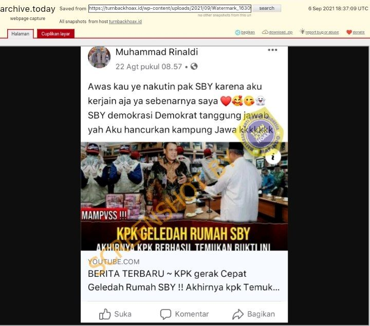 HOAKS - Beredar video yang menyebut jika KPK menggeledah rumah Susilo Bambang Yudhoyono (SBY) dan menemukan uang 177 triliun.*