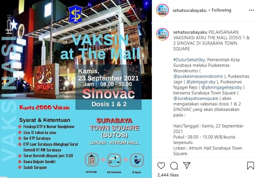Info vaksinasi massal di mall Sutos Surabaya pada Kamis 23 September 2021