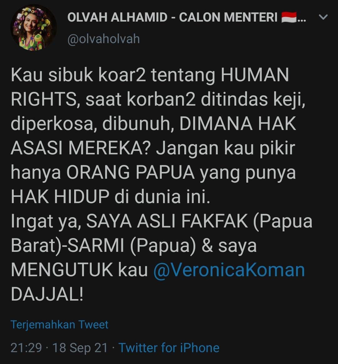 Cuitan OLVAH ALHAMID di Twitter yang mengecam Veronica Koman