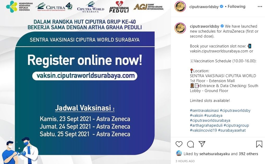 Info vaksin di Mall Ciputra World Surabaya 23-25 September 2021