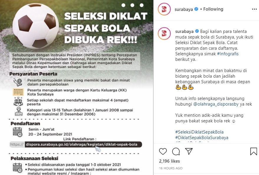 Info seleksi Diklat Sepakbola yang dibuka Pemkot Surabaya