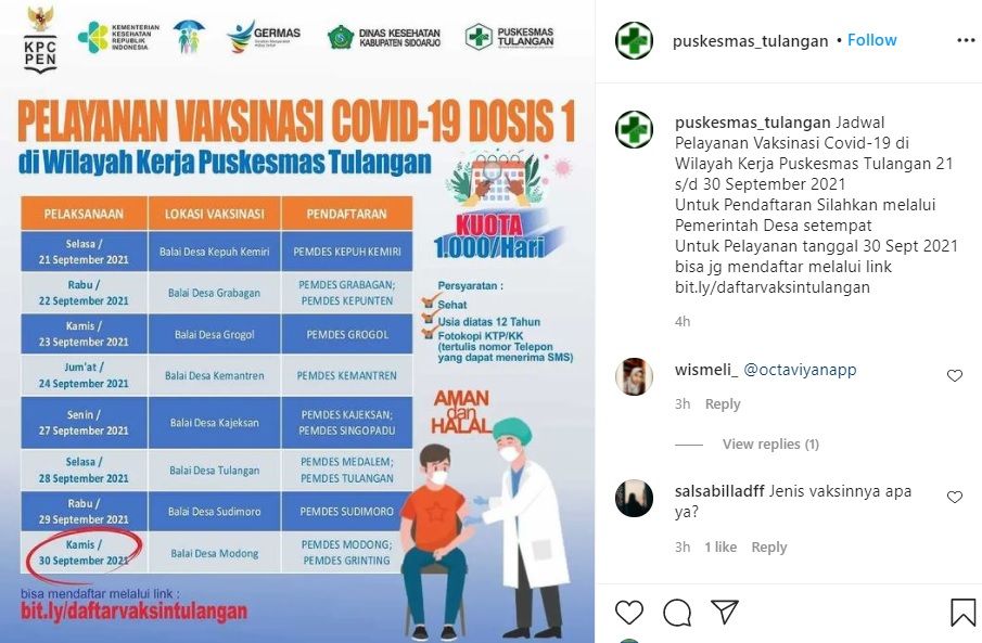 Info vaksin di wilayah Tulangan Sidoarjo 22-30 September 2021