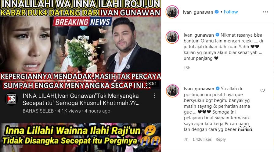 Unggahan Ivan Gunawan soal berita bohong yang menyebutnya meninggal dunia.