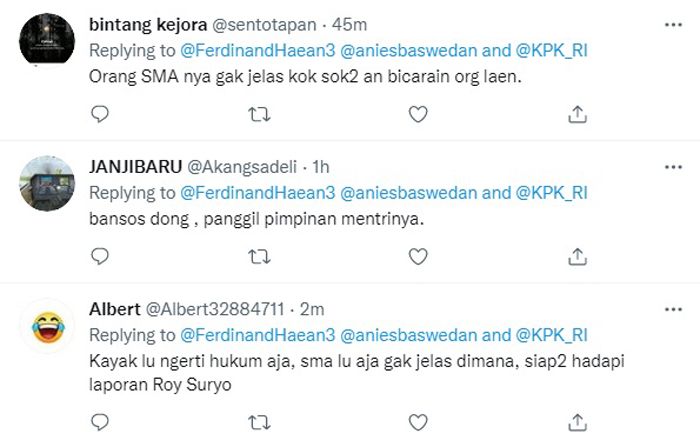 Netizen Respon Negatif Kicauan Ferdinand Hutahaean Terkait Anies Baswedan