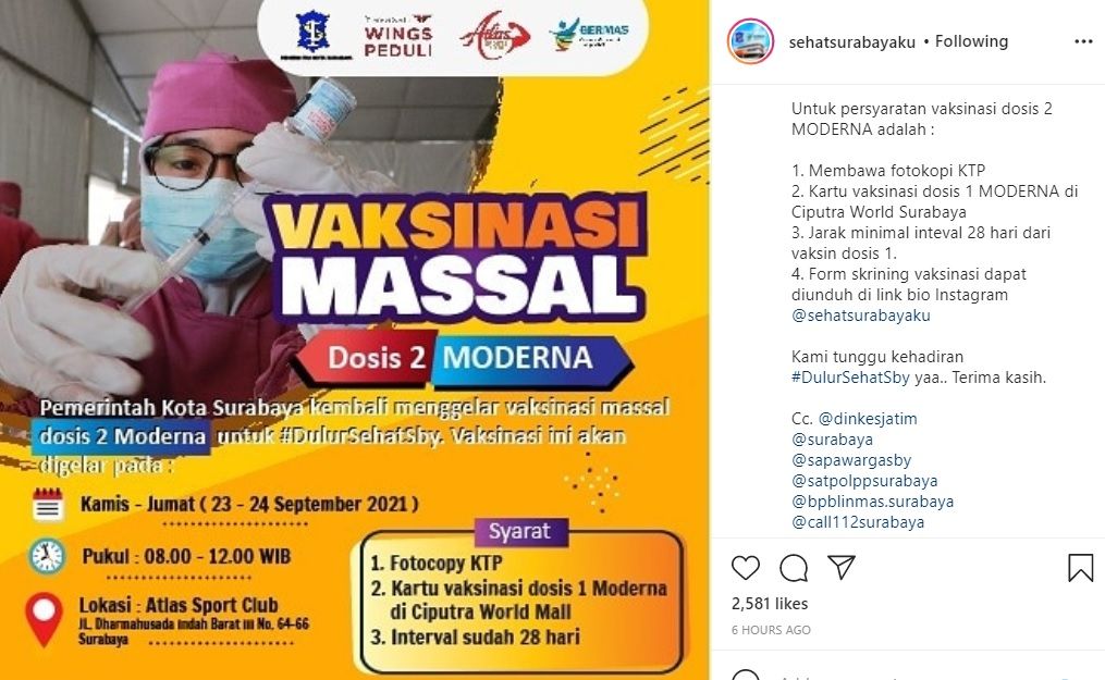 Info vaksinasi Moderna dosis 2 di Atlas Sport Club Surabaya