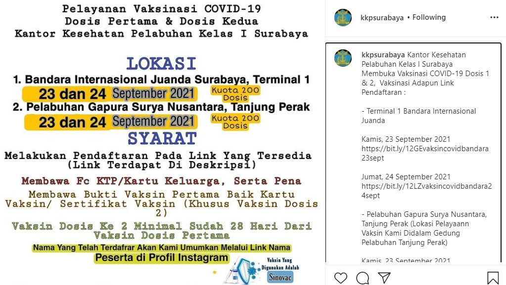 Informasi vaksinasi di Bandara Juanda dan Pelabuhan Tanjung Perak Surabaya 23-24 September 2021