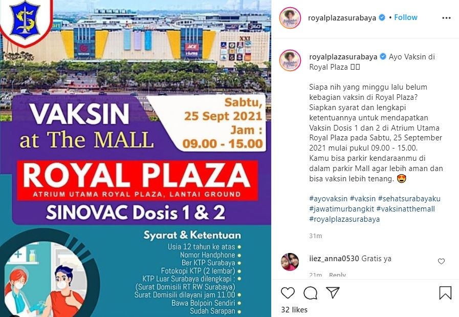 Info vaksin gratis di Royal Plaza Surabaya pada 25 September 2021