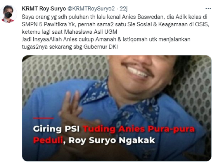 Roy Suryo membela Anies Baswedan dari serangan Giring Ganesha yang menuding bahwa Gubernur DKI Jakarta itu sebagai pembohong.