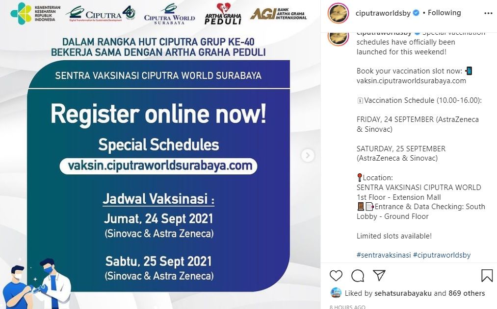 Info vaksinasi di Ciputra World Surabaya 