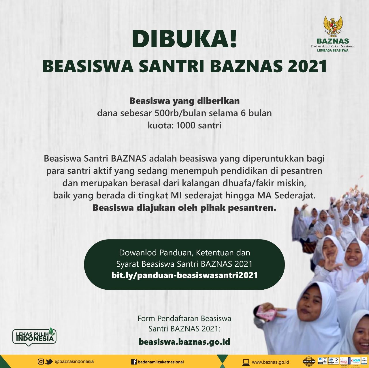 INFO BEASISWA! BAZNAS Buka Pendaftaran Beasiswa 2021 untuk santri tingkat MI hingga MA