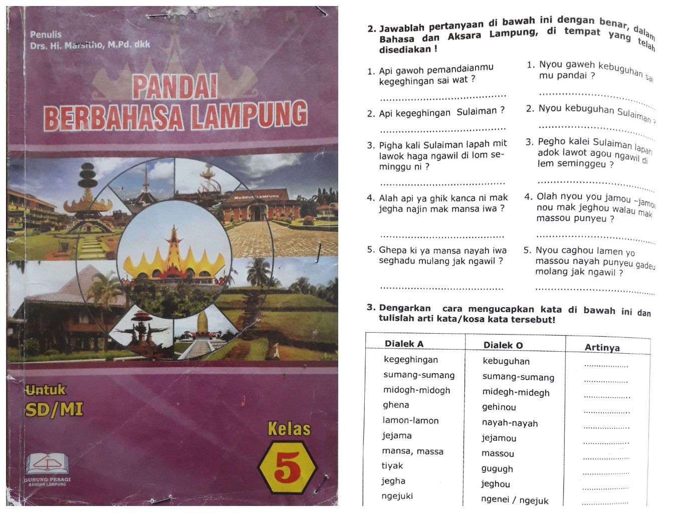  Kunci jawaban Pandai Berbahasa Lampung kelas 5 SD halaman 18 arti kata dialek A kegeghingan sumang-sumang