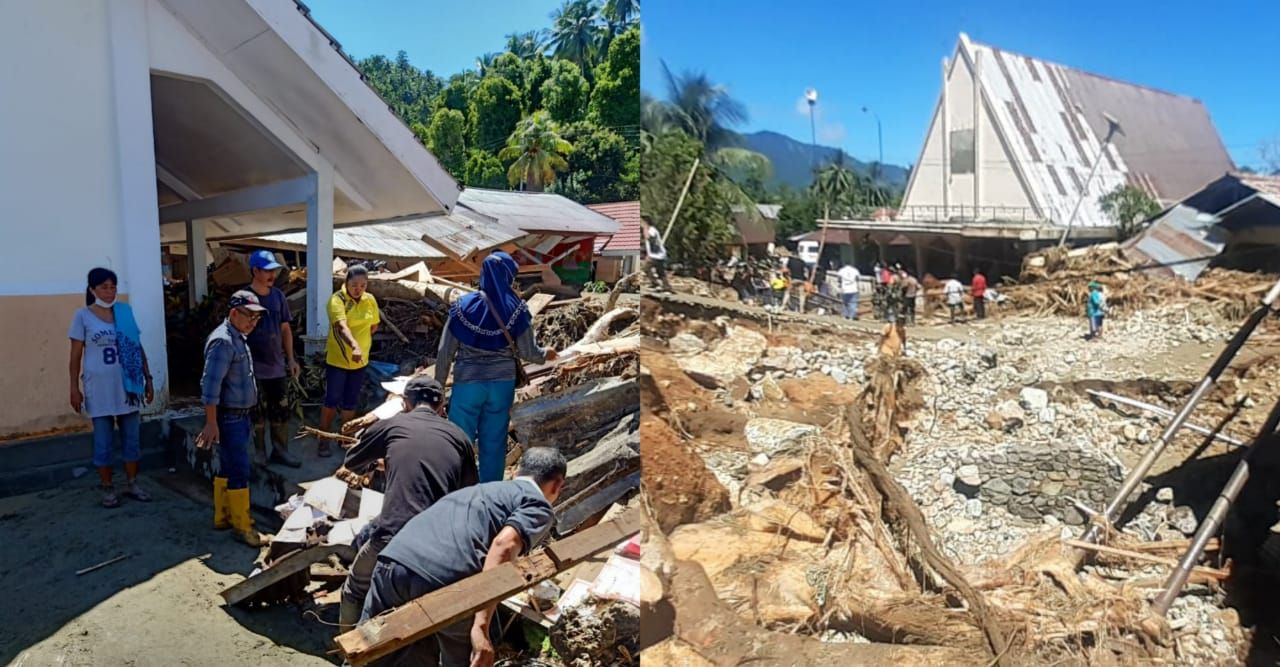 sekolah rusak parah dan rumah ibada tertutup kayu dan lumpur