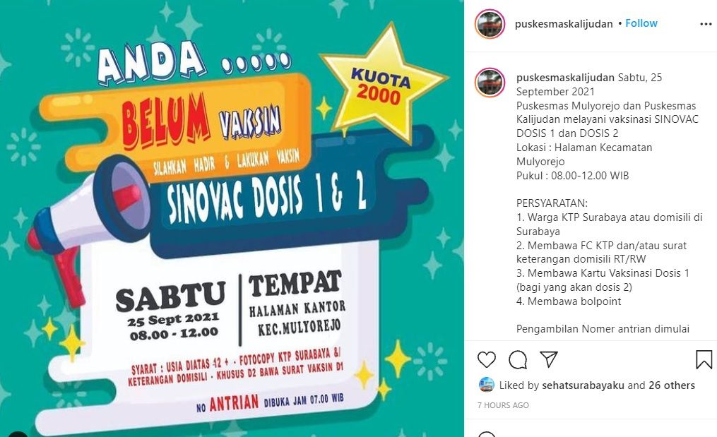 Info vaksin gratis di Kecamatan Mulyorejo Surabaya Timur pada Sabtu 25 September 2021