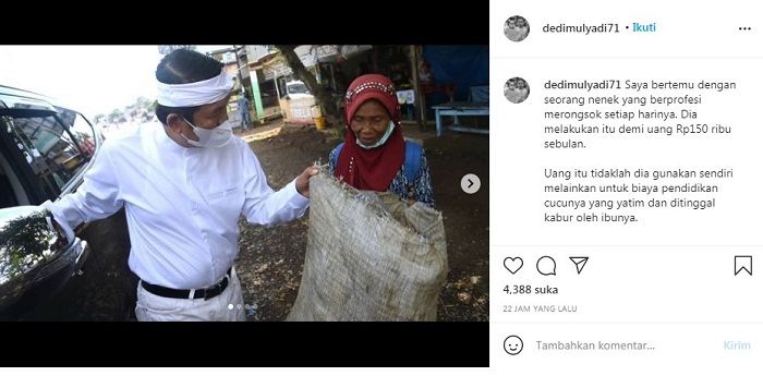 Postingan Instagram Dedi Mulyadi yang bertemu dengan seorang nenek berprofesi sebagai pemulung