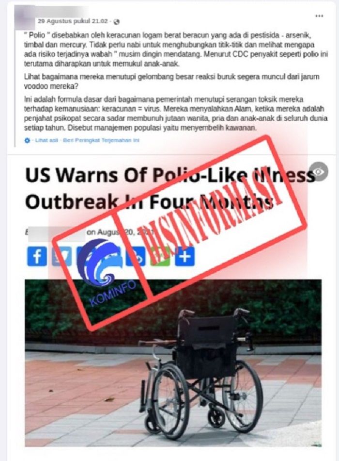 DISINFORMASI - Pusat Pengendalian dan Pencegahan Penyakit Amerika Serikat (CDC) diklaim memperingatkan wabah penyakit mirip polio pada 2021.*