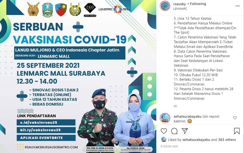 Informasi vaksinasi bebas domisili di Lenmarc Mall Surabaya 25 September 2021