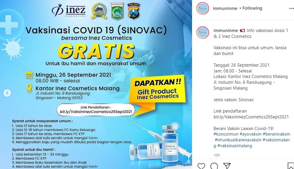 Info vaksinasi dosis 1 dan dosis 2 di Inez Cosmetic Malang