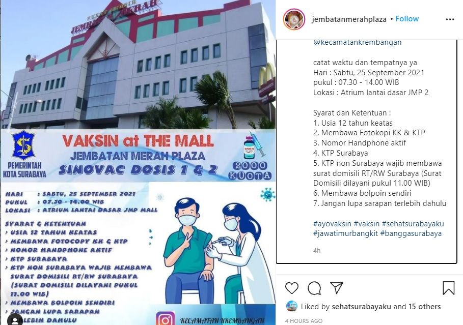 Info jadwal vaksin di mall JMP Surabaya pada Sabtu 25 September 2021