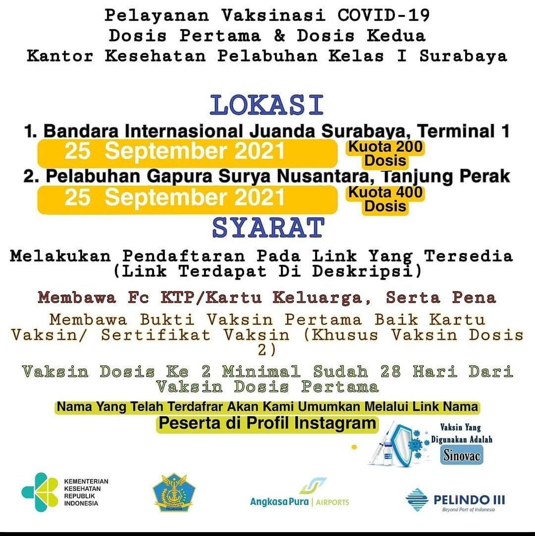 info vaksinasi di Bandara Juanda dan Pelabuhan Tanjung Perak Surabaya pada 25 September 2021