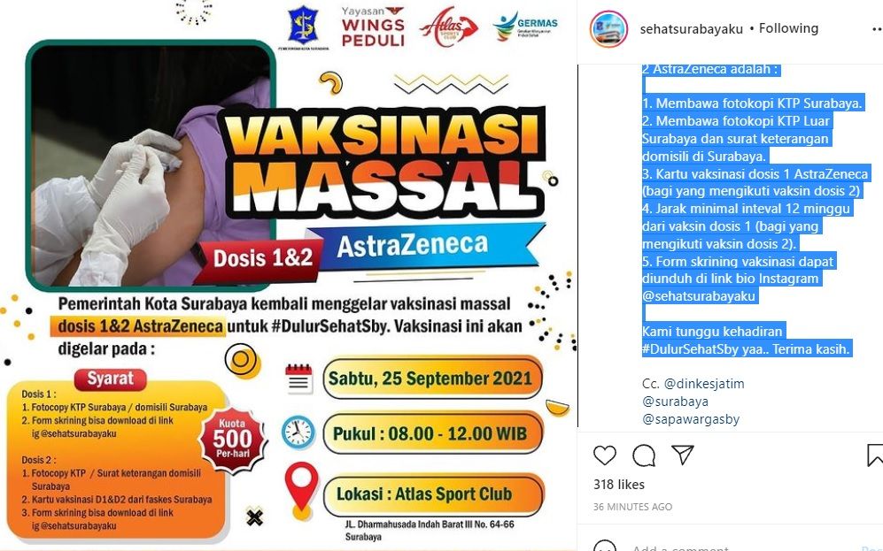 Info vaksin di Atlas Sport Club Surabaya pada 25 September 2021