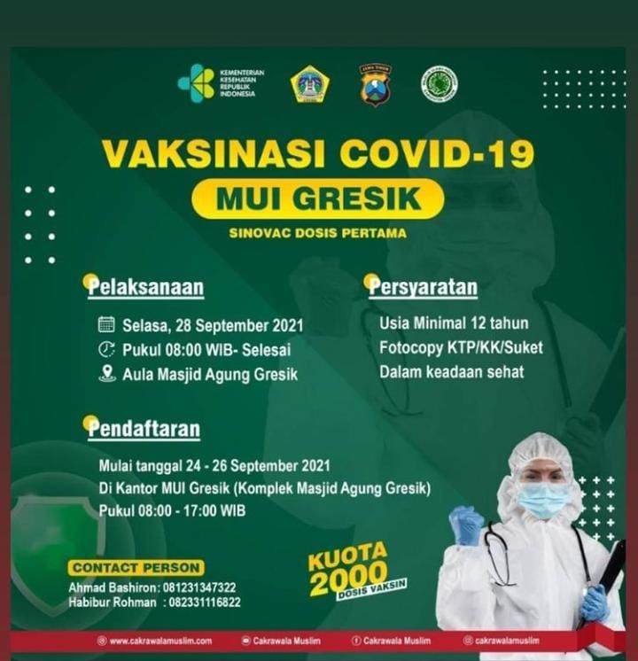 Info Vaksin Gresik Jenis Sinovac, 28 September di Kantor MUI Gresik