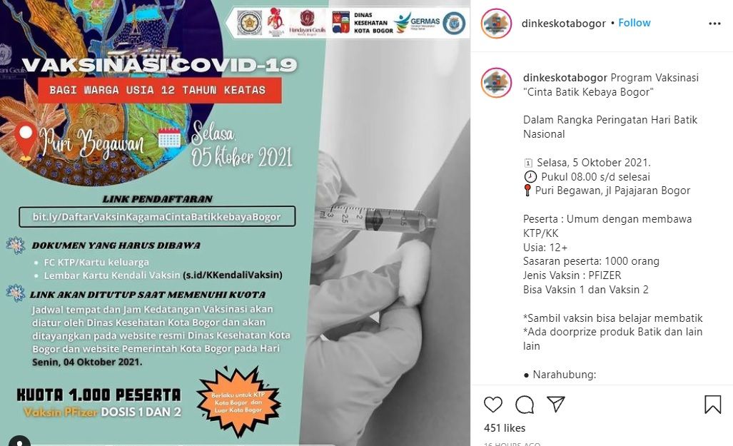Info vaksin kota Bogor gunakan vaksin Pfizer pada 5 Oktober 2021