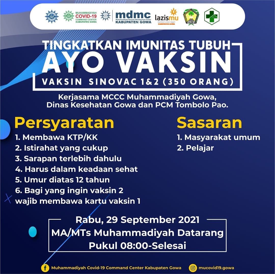 MCCC Muhammadiyah Gowa bekerja sama dengan Dinas Kesehatan Gowa dan PCM Tombolo Pao menggelar vaksinasi.Covid-19, pada 29-30 September 2021