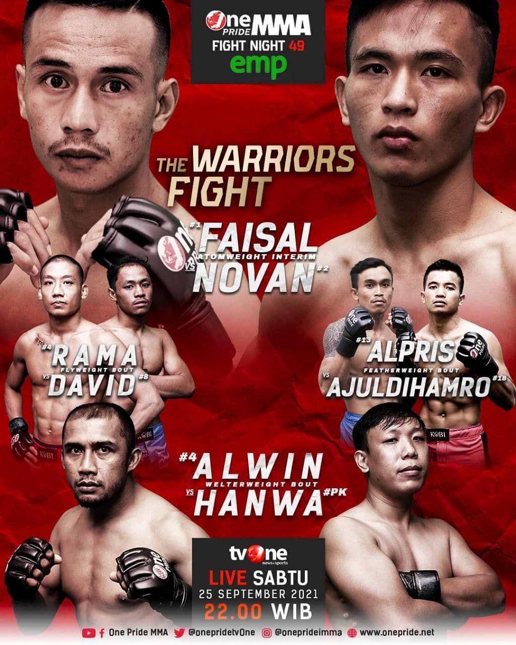 Live One Pride MMA di TV One Malam Ini Faisal vs Novan, Rama vs David, Ajuldihamro vs Alpris, Alwin vs Hanwa